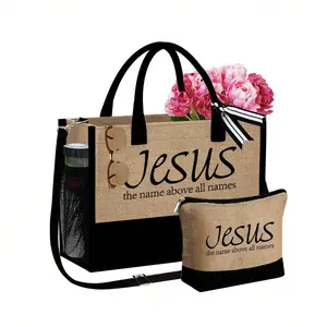 "JESUS" letter pattern Canvas Tote Bag, With Shoulder Strap, Faith Over Fear Christian Large Capacity Burlap Tote Bag, With Makeup Bag, Christian, Letter Print Shoulder Bag, Women's Casual Handbag, Shopping Bag & Gift Bag, Commuter Tote Bag