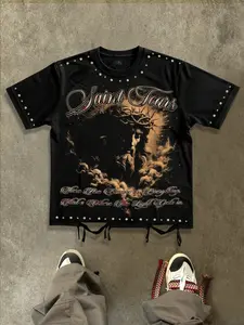Jesus print short sleeved T-shirt for men loose fit, Fashion, Streetwear, Christian saint teas English letter printed aesthetic shirt for both men and women, street casual trend Menswear Jesus geometric American retro saint