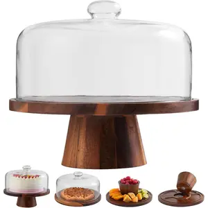 Acacia  Cake Stand with Glass Lid - 12"  Base, Detachable Serving Tray for Cake, Cheese, Charcuterie, Snacks & Desserts - Wooden Cake Holder for Parties & Kitchen Display