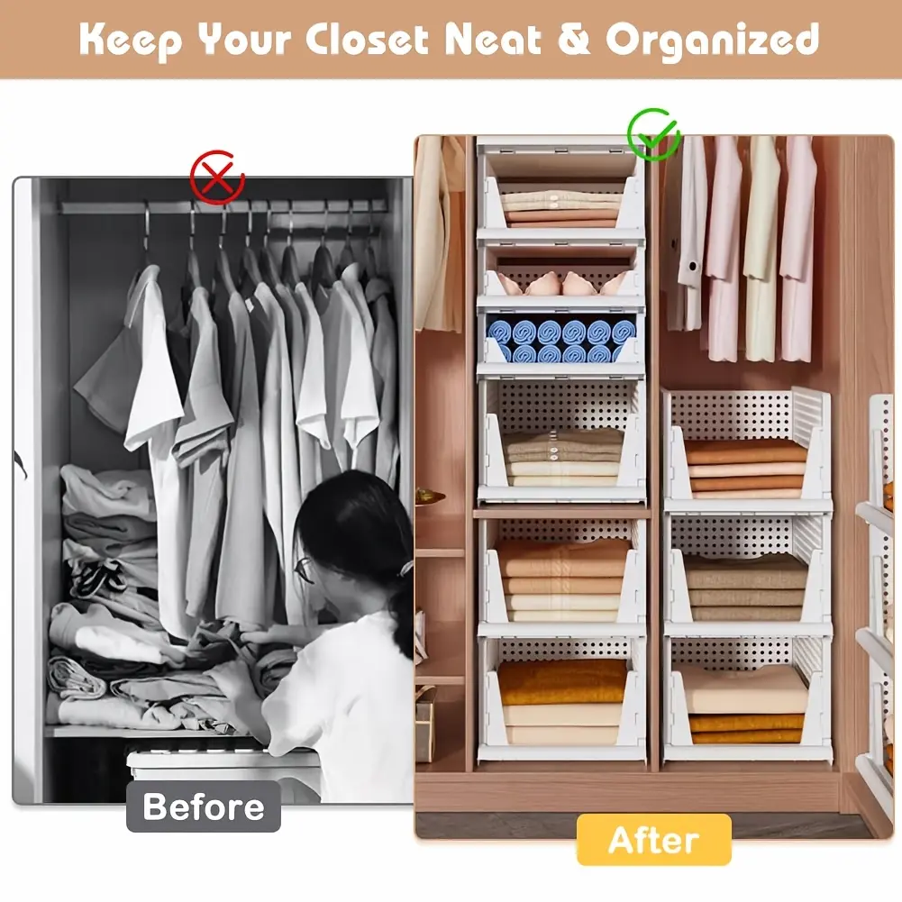 5pcs Foldable Large Capacity Storage Rack, Stackable Space-saving Plastic Closet Organizers Box for Clothing, Spice Jars, Food, Cosmetic, Kitchen Organizers And Storage, Shelf Baskets