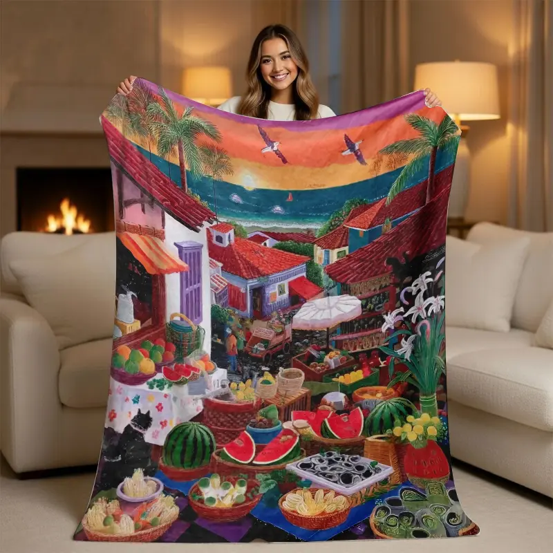 Art Graphic Assorted Color Beach-Themed Flannel Throw Blanket - Aesthetic Vibrant Tropical Seaside Market Design, Ultra-Soft Coastal Fleece, Eclectic Maximalist Home Decor, Unique Artistic Gift, Art Graphic Blankets, Assorted Color Blankets