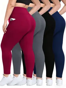 4-pack plus size high-waist pocket yoga pants, comfortable and breathable, suitable for sports fitness, sports slim style Stretchable Activewear Stretch Fabric Activewear