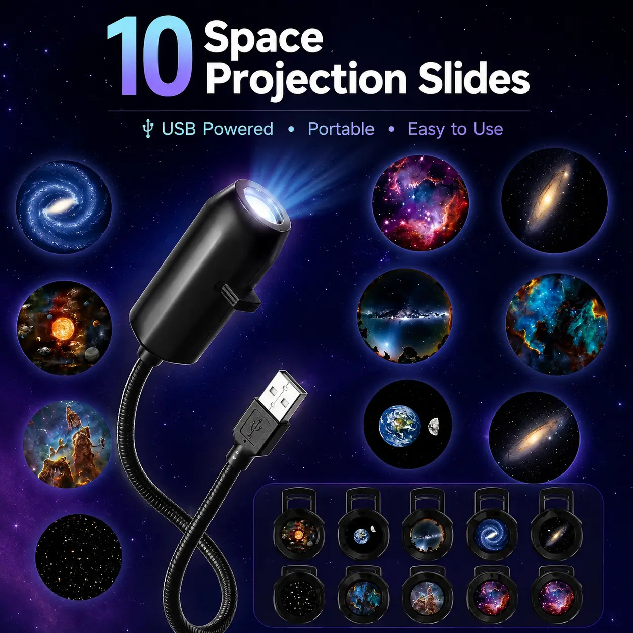 Galaxy Projector Light, 360° Rotating Planet Projector with 10 Colorful Modes, USB Powered Starry Night Light for Bedroom, Gaming Room Decor, Teen Gifts