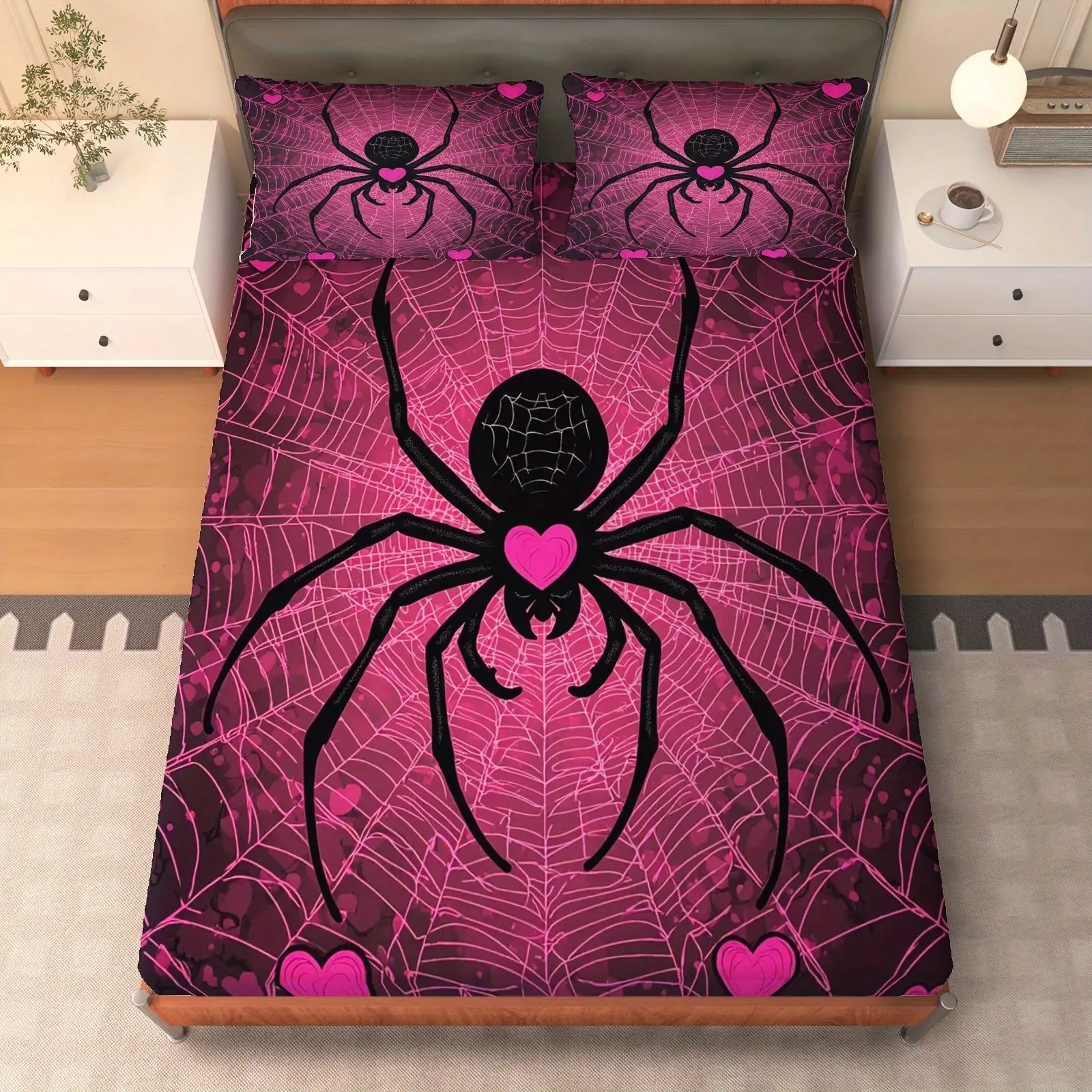 3-Piece Pink Spider Love Bed Sheet Set (1*Fitted Sheet + 2*Pillowcases, No Core), Halloween Theme, Spider Web Love Bedding Set, Soft and Breathable, Suitable for Decorating Bedrooms, Living Rooms, Study Rooms, Hotels