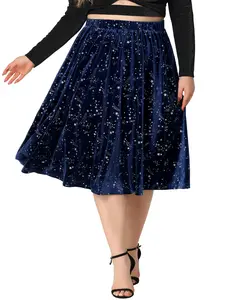 Agnes Orinda Plus Size Velvet A-Line Elegant Knee Length Sequin Flare Skirt Navy Blue