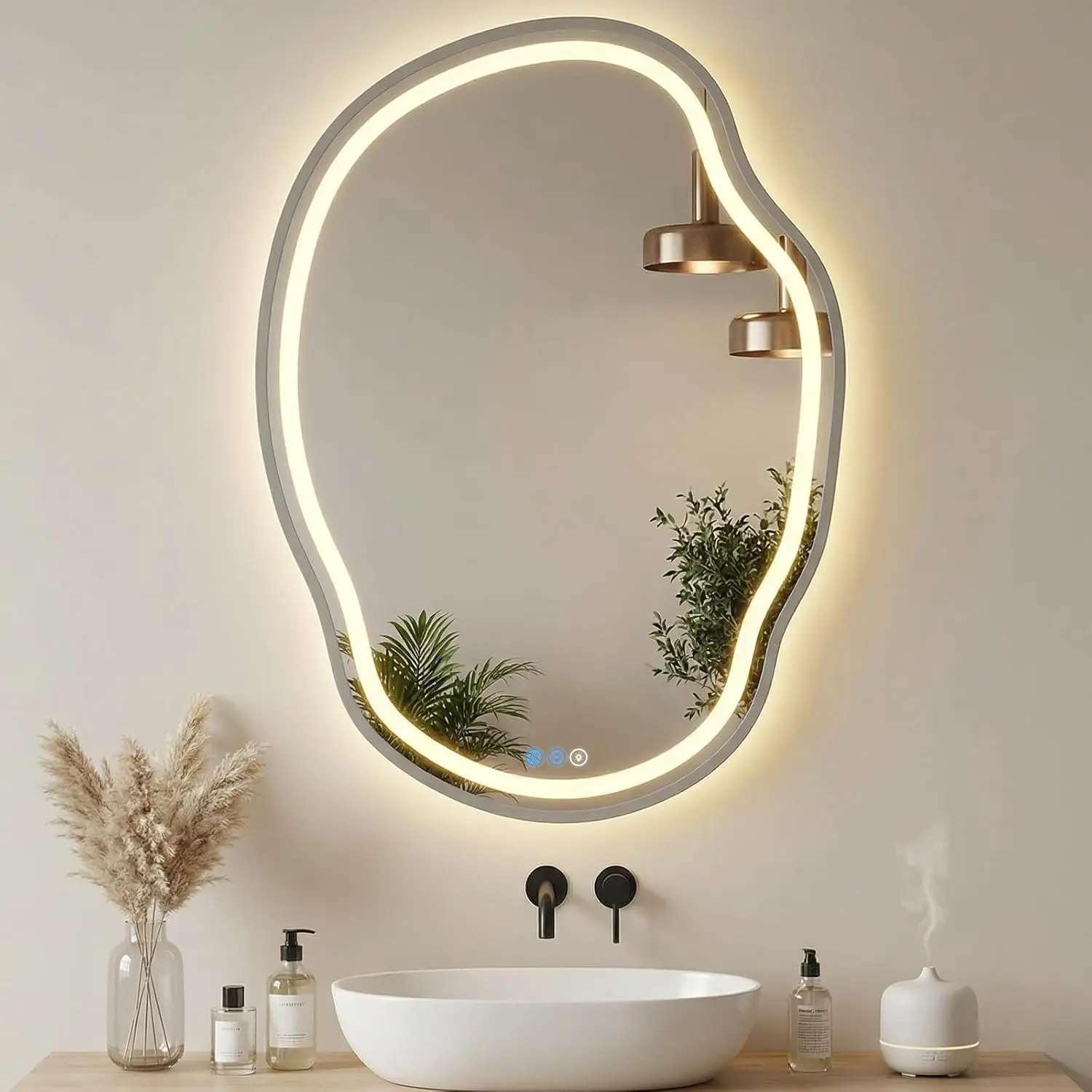 Irregular Wall Mirror 25 x 35 Inch, Lighted Mirrors for Bathroom Wall, Asymmetrical LED Mirror for Bathroom with Anit-Fog, Dimmable, Memory Function (Horizontal/Vertical)