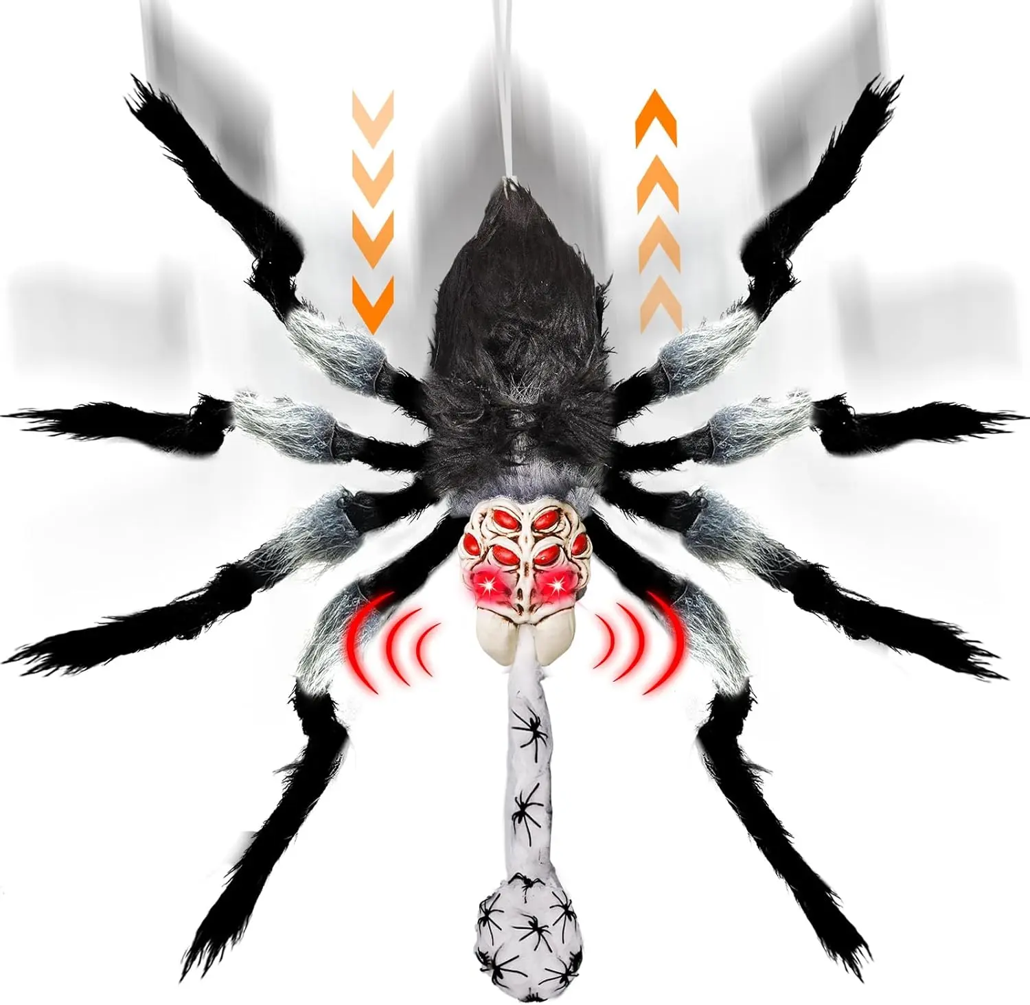 31" Giant Spider Animatronics Halloween Hanging Decorations with Spider Egg | Sound Activated, Up and Down, Light Up Red Eyes Creepy Sound Battery Operated for Porch Yard Garden Party Haunted House Decor