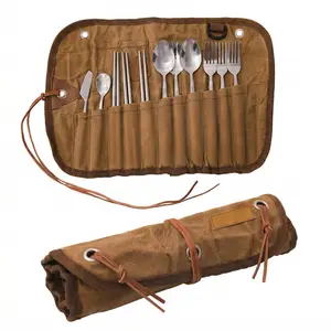 Vintage Waxed Canvas Cutlery Roll for Outdoor Camping 11-Piece Portable Stainless Steel Flatware Set