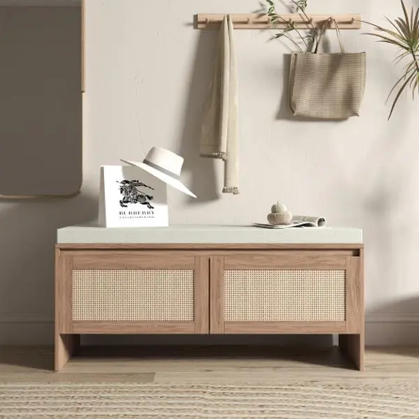 Mid-Century Natural Finish PP Rattan Storage Bench with Cushion - 2-Door Faux Rattan Shoe Cabinet with Wide Compartment, Wood Entryway Seat for Bedroom, Hallway