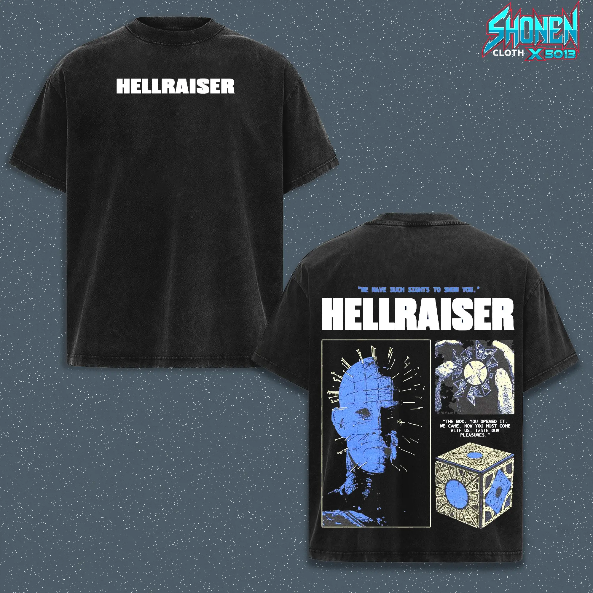 Hellraiser Vintage Washed Tee - Pinhead Horror Movie Acid Wash Shirt - Lament Configuration Puzzle Box Graphic Tee - Clive Barker Retro Cult Cinema Merch