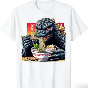 Funny monster eating ramen Japanese monster lover birthday T-shirt, funny casual streetwear, classic solid color unisex cotton moisture-wicking short-sleeve crew neck gift