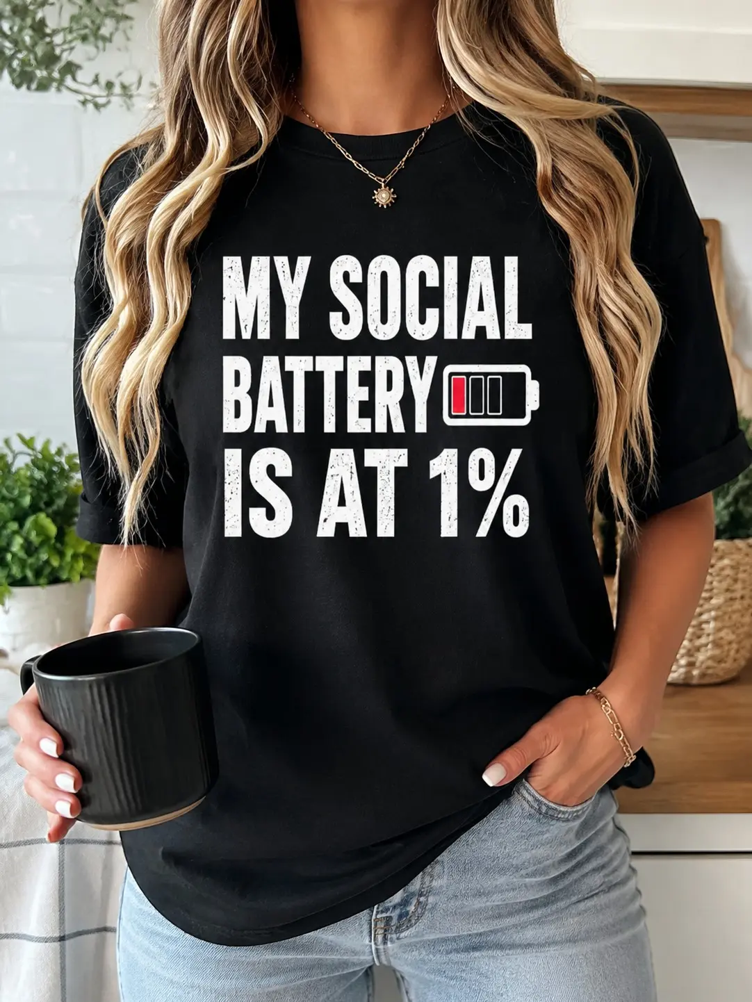 My Social Battery Is At 1% Funny Graphic T-Shirt for Women & Men, Unisex Back to School Tee, Couples & Best Friends Matching Shirt, Casual Everyday Crew Neck Top, Easy Layering All Season Outfit