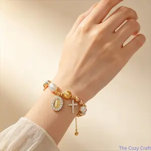 2026 New Trinity Gold Beaded Virgin Mary Bracelet, CZ Zircon Cross Pearl Religious Wristband, Adjustable Faith Charm Jewelry For Women Daily Wear Prayer Accessories summerwins