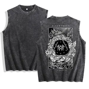 Sleep Token Vintage Washed Tank Top 100% Cotton Band Sleeveless Graphic Tee for Men Women Unisex Heavyweight Streetwear Muscle Shirt Summer Beach Gym Workout Gift for Metalcore Music Fan