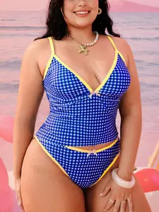 Plus Size Geometric Print Bikini Set for Women, High Waist Triangle Swimsuit, Modest Summer Beach Vacation Swimwear