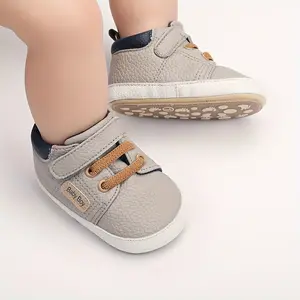 Baby Boy's Anti-Slip Sneakers Soft Rubber Sole Light Gray PU Upper with Blue Accents Comfortable First Walker Shoes for Infants 4 Colors Available