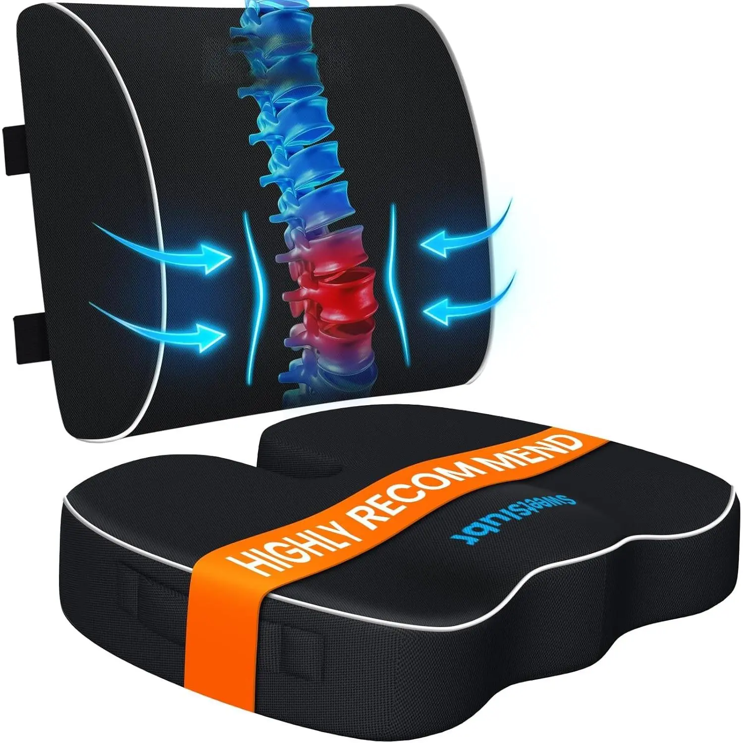 Memory  Seat Cushion &  Support Pillow Set,   Cushion for Office Chair, ,  -  ,  &  , Improves Posture Black/Large