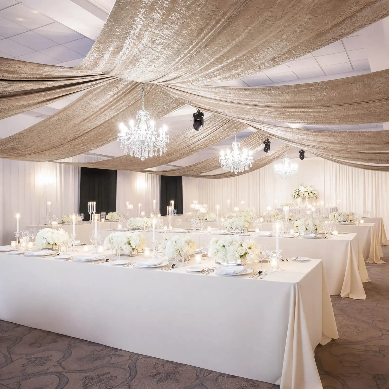Premium Crushed Velvet Blackout Curtain - 5x20 ft Beige Single Panel Ceiling Drape, Room Divider Curtain with Rod Pocket for Weddings, Baby Shower Events, Decorative