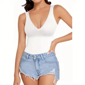 Women's V-neck bodysuit, shaping and tummy-control sleeveless vest-style tight top, backless basic thong shaping bodysuit