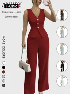 Elegant Women's V Neck Sleeveless Bodycon Vest & High Waist Pants Set, Spring Summer Fashion Two-Piece, Slim Fit Casual Wear