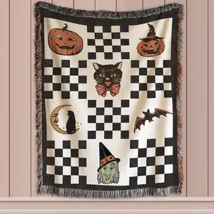 Retro Vintage Spooky Season Black Cat Halloween Woven Throw Blanket, Vintage Pumpkin Halloween Woven Tapestry, Halloween  Scary Tapestry