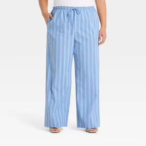 Women's Mid-Rise Poplin Straight Leg Pull-On Pants - A New Day Blue Striped 3X