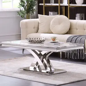 AUZ Coffee Table, Silver and White Coffee Table with Polished Silver X Base, Luxury Rectangle Center Table for Living Room,Tea, Guest Hall, Sofa, Reception Room,Office