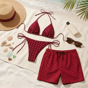 Matching Couples Swimwear Polka Dot, Women's Triangle Bikini Set & Men's Swim Trunks, Honeymoon Beachwear, Burgundy Red Matching Swimsuits