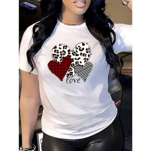 Women's Black Pattern T-Shirt - Leopard Print and Plaid Heart Print with Love Text, Loose Round Neck Short Sleeve, Breathable Casual Summer Party Outfit, Fashion Design Top, Comfortable Style