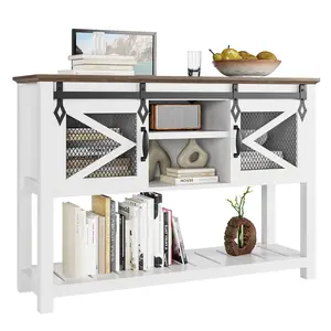 Entryway Table with Sliding Barn Doors, Farmhouse Sofa Table with Storage and Open Shelf, Console Tables for Entryway, Hallway, White