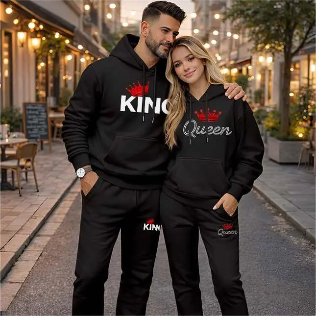 Men's 2-Piece King Queen Print Tracksuit, Casual Long Sleeve Polyester Hoodie and Drawstring Pants for Autumn Winter Sportswear, Mensfashion