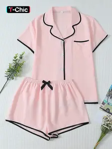 Women's Sleepwear Set Pure Color Trim Sweet Lapel Short Sleeve Top and Shorts Casual Home Wear, Loungewear, Fitted Animal Pattern Pajama Set