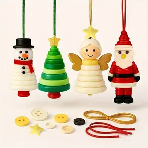 DIY Christmas Button Ornaments Kit, Pre-Cut Templates & Easy Instructions, Snowman & Santa Decorations Set, Colorful Buttons, Hooks, Ribbons