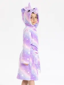 Girls Hooded Fleece Robe | Toddler Bathrobe 3–12Y | Unicorn Rainbow Star Leopard | Soft Warm Fuzzy Kids Bath Robe