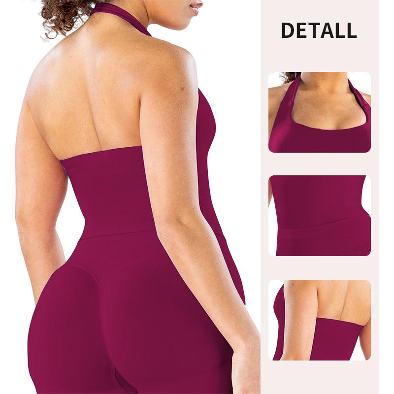 Seamless Halter Neck Yoga Set  Open Back Anti-Exposure Sports Bra, Body Shaping Workout Crop Top For Women