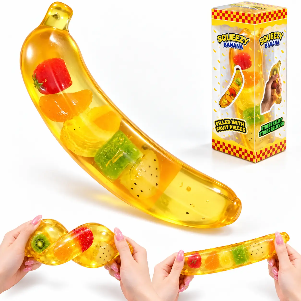 6.3-Inch Unisex Fruit Theme Squishies Toy, Banana Fidget Toy with Internal Colorful Fruit Pieces, Colorful Look Stress Relief Desk Item for Ages 10+ & Gift