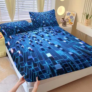Cyber Neon Grid Cube 3D Vision Fitted Sheet Set & 2 Pillowcases No Core, Fluorescent blue Staggered Blocks & Tech Grid Line Design, Soft Anti-Slip Wrinkle-Resistant, Cool Futuristic Bedroom Decor Gift Choice
