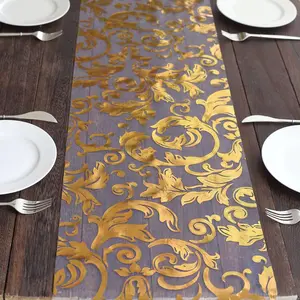Sheer Organza Table Runner Roll 12"x108" Metallic Gold Foil Floral Swirl Design - Stylish Disposable Event Decoration