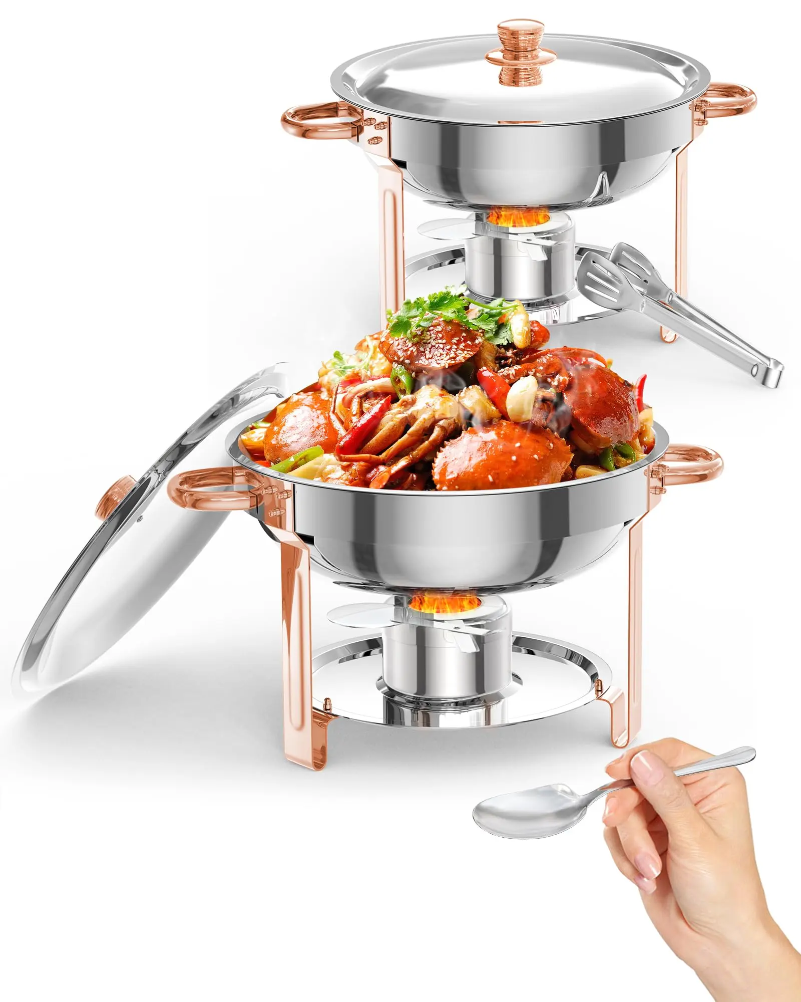 【GARVEE】2 Pack 5QT Round Chafing Dish Buffet Set with Lid Holder, Rose Gold Stainless Steel Chafers and Food Warmers, Includes Spoon and Tweezers for Parties, Weddings, Events, Banquets