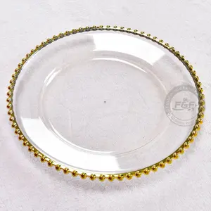 50 Pack｜13″ Clear Plastic Round Charger Plates With Gold Beaded Rim Stylish
