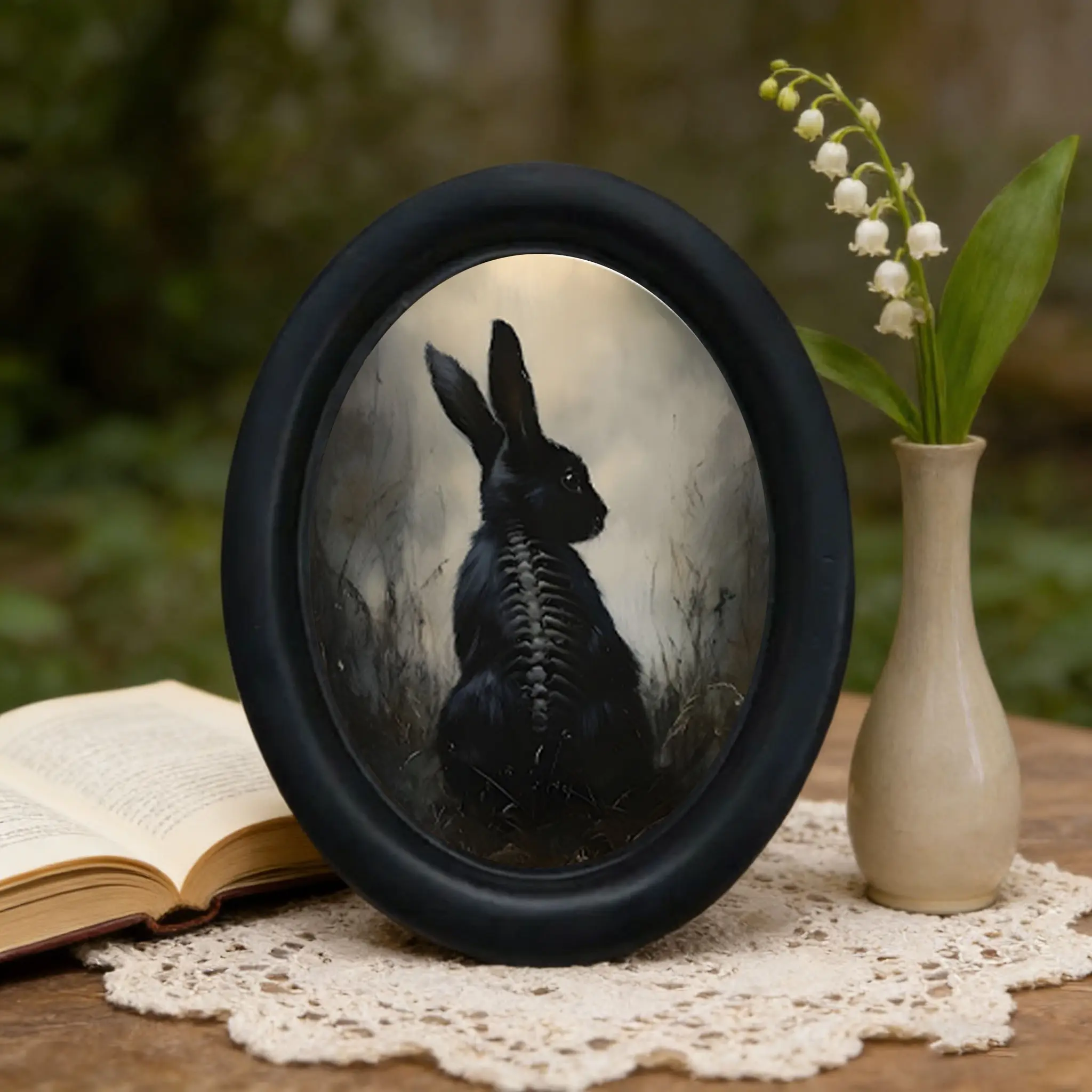 Vintage Oval Wall Decor, Gothic Skeleton Rabbit Art, Unique Halloween Gift, Perfect for Living Room, Christmas, Thanksgiving