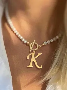 Faux Pearl Decorated Initial Letter Necklace for Women, Stainless Steel Jewelry for Party, Daily Clothing Decor, Trendy All-match & Exquisite Jewelry for Birthday Gift