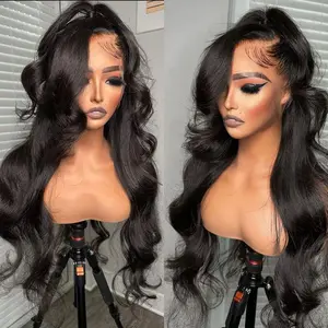 Aodbar hairs Black Long Body Wave Synthetic Transparent Lace Front Party Use Long Natural Black Color Wave  Synthetic Lace Front Wig with Realistic Hairline Black Loose Wave Lace Front Wig Synthetic Heat Resistant Wig Natural Looing Pre Plucked Hairline