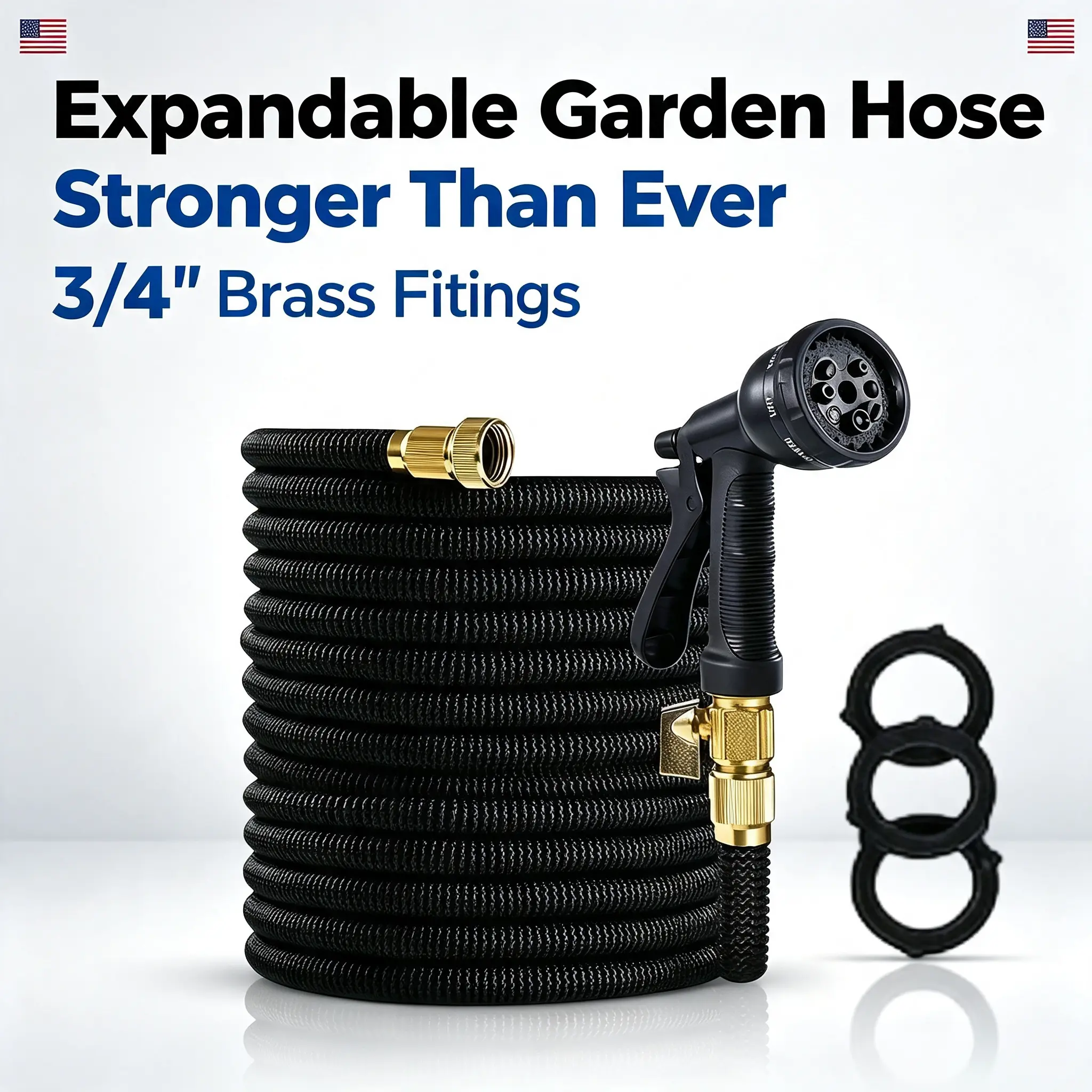 Lightweight Expandable Water Garden Hose, Solid Brass Connectors | 3750D Ultra Strong Fabric, 4-Layer Latex Core, 3X Expansion, No Kink No Leak, 8-Pattern Sprayer Nozzle, Storage Pouch Included