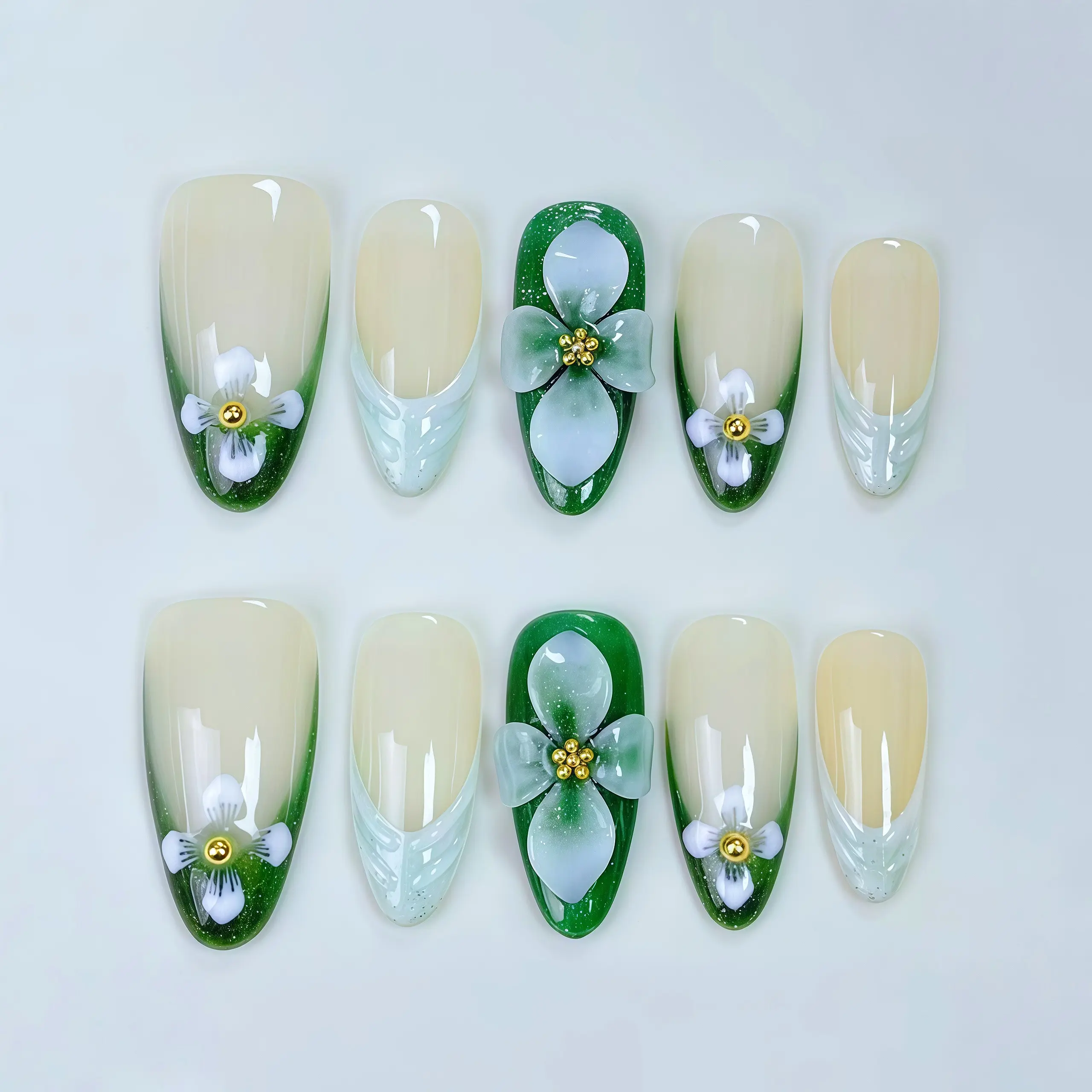 JC Handmade Reusable Press-On Nails, European-Style Almond Shape with Nightingale & Thin Lotus Engraved Decorations, Lightweight, Easy-to-Apply, Nail-Protecting High-End Wearing Armor Design, Handmade Reusable Nails