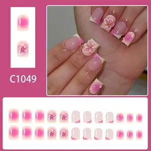 24 Pcs Short Square Press-On French Tip False Nails, Flower Water Drop Glossy, Flower Design Nails, with Glue, Daily Wear Nail Stickers for Women