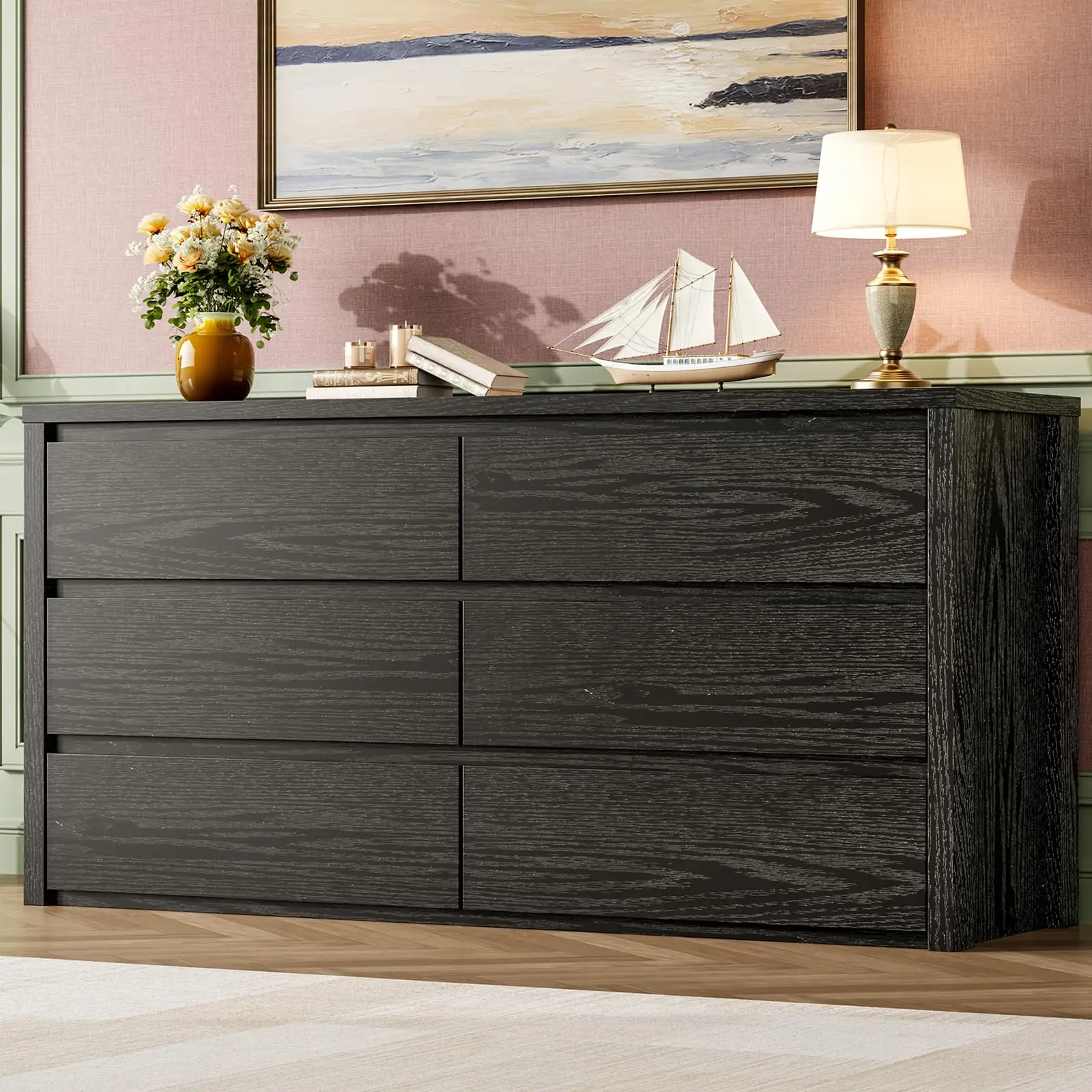 Garvee 6-Drawer Wide Wooden Dresser, Large Modern Storage Chest for Bedroom, Living Room, Hallway, and Entryway