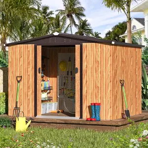AECOJOY Shed Woodgrain Outdoor Storage Shed with Sliding Doors Metal Exterior Panels for Backyard Lawn & Outside Use Sturdy & Resilient Design Patio
