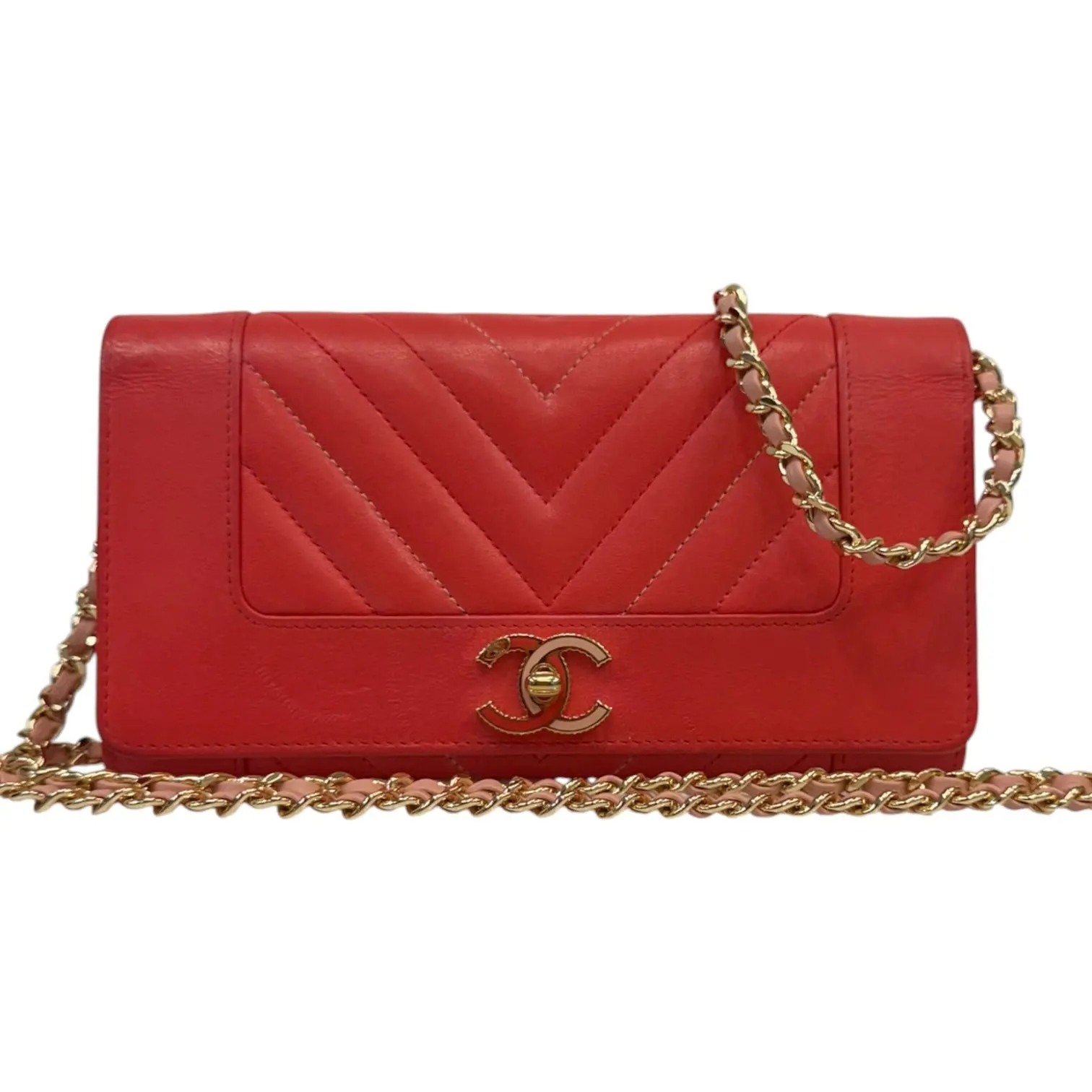Pre-owned CHANEL Leather Crossbody Bags Rare Coral Chevron Goatskin Mademoiselle Full Flap Gusseted Wallet / Full Set