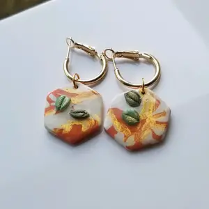 Handmade Polymer Clay Orange Design Earrings with 3D Leaf & Hand painted Golden Accents. Hypoallergenic Lightweight Drop Earrings